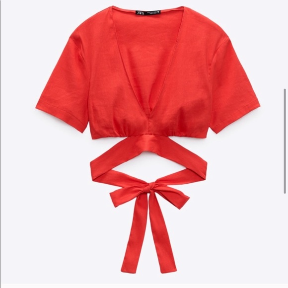 Zara Tops - Zara Red Linen Plunge Wrap Crop Top